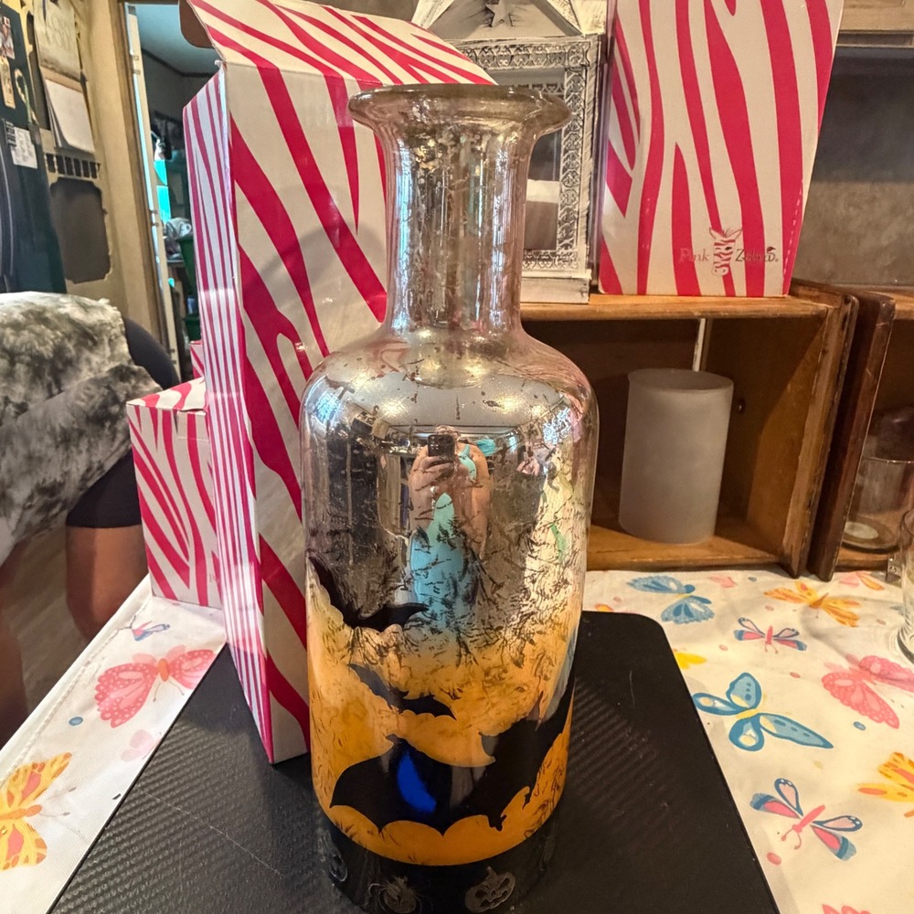 Pink Zebra Halloween Mercury Glass Bat Pumpkin Accent Shade Vase PZ-62 11 Inch